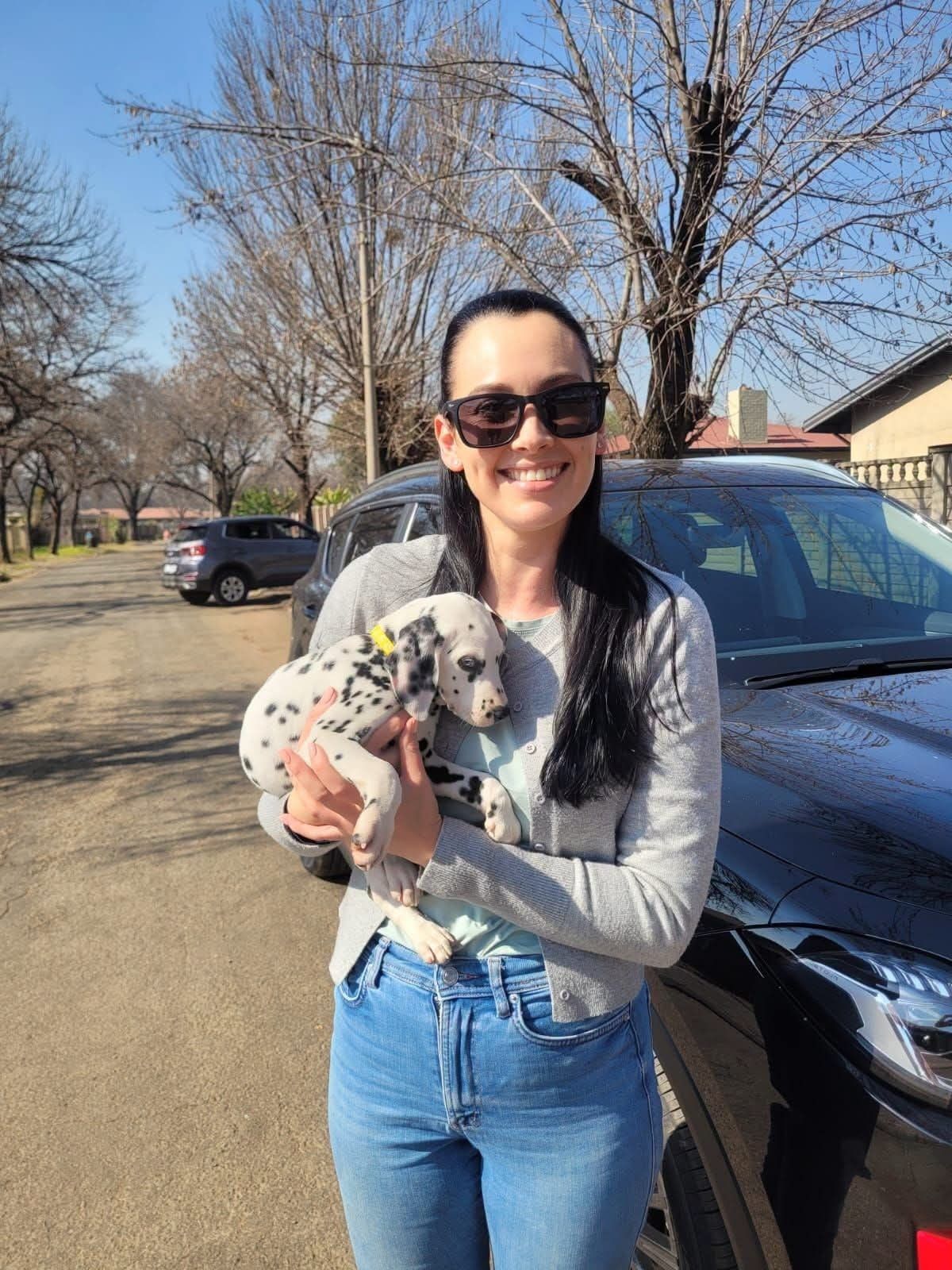 A woman collecting her small white dog beside the car