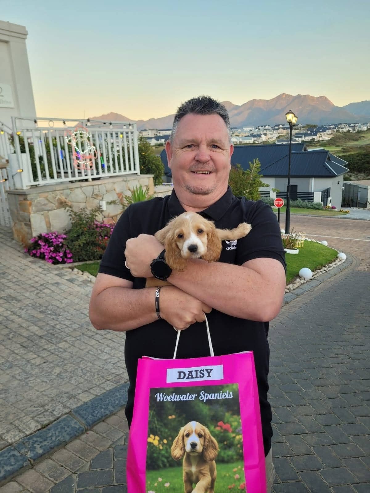Daisy meeting her new owner at the end of a run down to the Cape