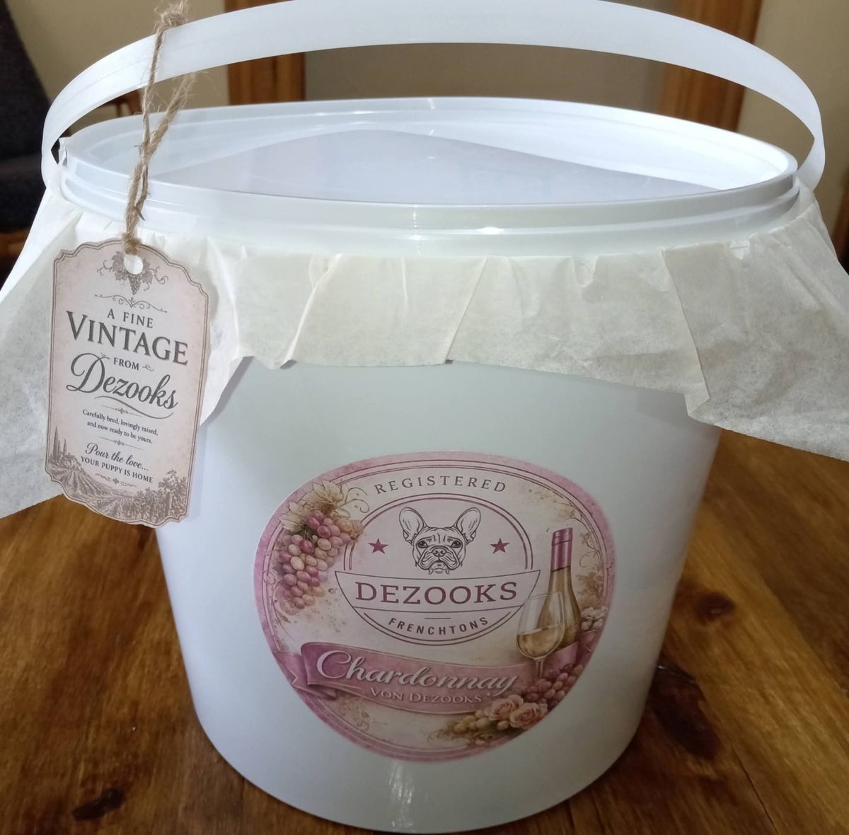 A breeder's welcome bucket packed and tagged, ready to travel
